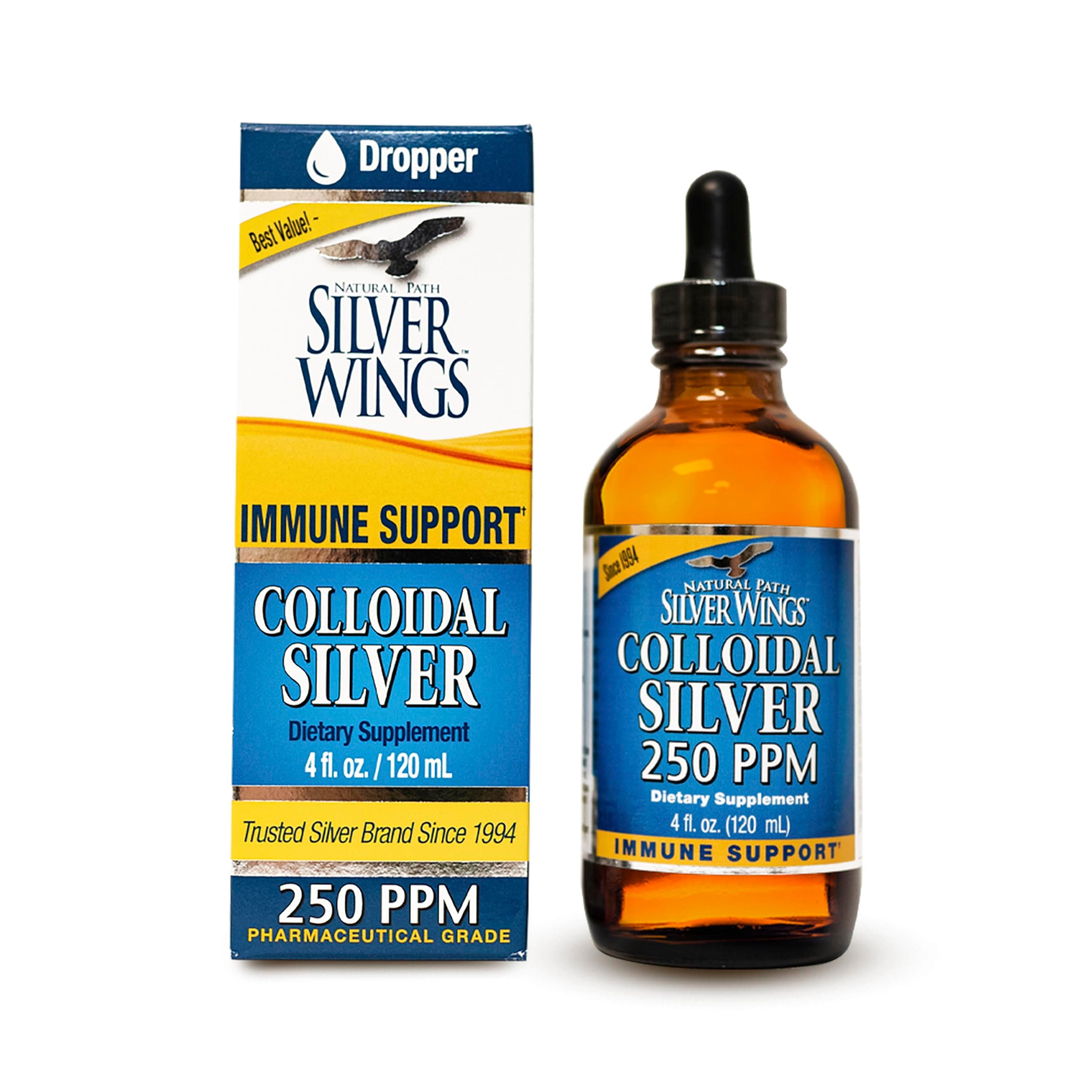 Natural Path Silver Wings Colloidal Silver Liquid - Enhanced Immune Support Supplement - 250ppm (1250mcg) - 4oz Dropper
