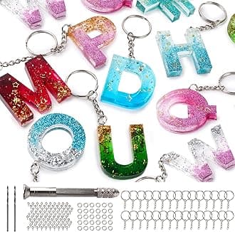 Mocoosy 134Pcs Alphabet Keychain Resin Molds Kit, Reversed Letter Number Silicone Mold Epoxy Resin Casting Molds Key Chain Making Set with 1 Hand Drill 2 Drill Bits 30 Key Rings 100 Screw Pin