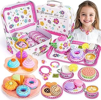 Kids Tea Party Set for Little Girls, Flower Toy Tin Tea Set with Carry Case, Dessert Play Food Tea Cup Set Teapot Girl Jewelry, Birthday for Girls Kids 3 4 5 6 7 Years Old