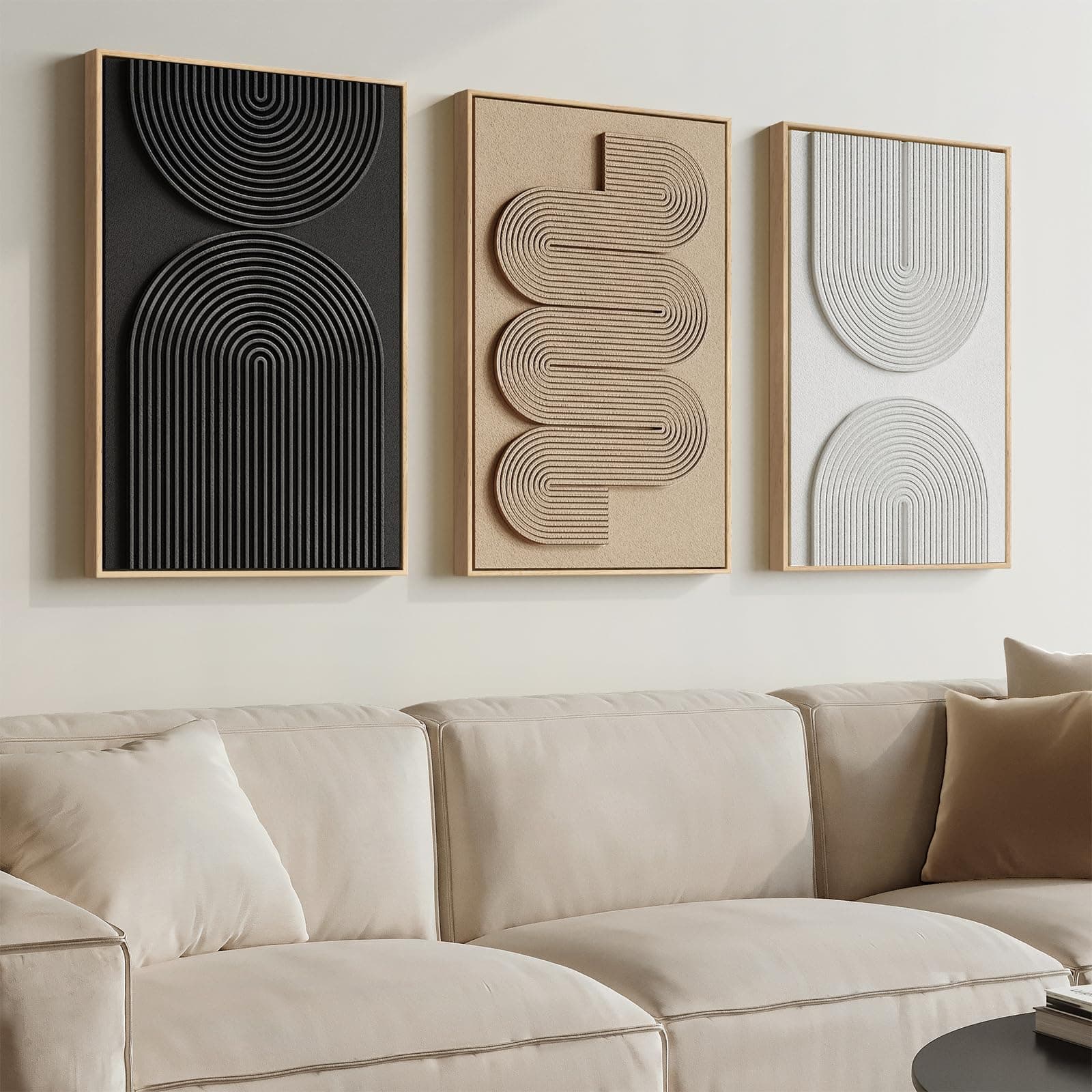 3D structured, framed Boho wall art, neutral abstract wall art, 3-piece, modern artwork for walls, Black, White, Brown, minimalist geometric paintings for living room, dining room