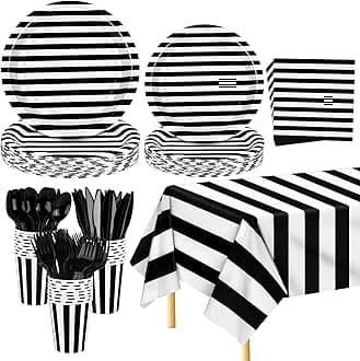 ADXCO 176 Pieces Black and White Disposable Dinnerware Set Paper Party Supplies Tableware Set Include Striped Plates and Napkins Cups Plastic Tablecloth Knives Forks and Spoons Serves 25 Guests