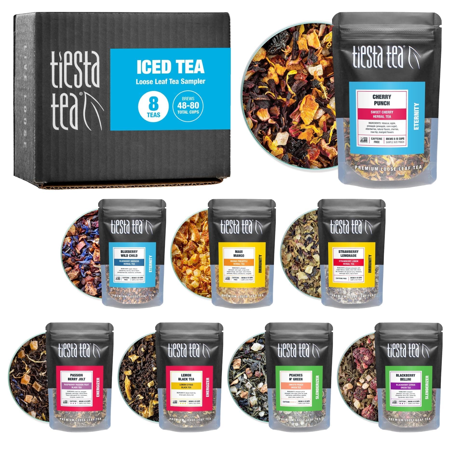Iced Tea Sampler Dry Flight Set, Loose Leaf, High to No Caffeine, Makes Cold Brew Iced Drink, Assorted Brew Sets with Herbal, Black, Fruit Blends & More, 8 Resealable Sample Pouches