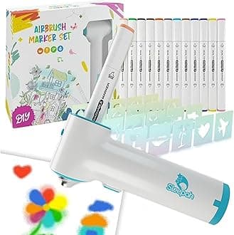 Sleepah Air Brush Marker Sprayer Set for Kids Includes 12 Washable Markers 20 Stencils Gift for Ages 5 6 7 8 9 Years Old - Creative Arts & Crafts Set DIY Activity for Boys & Girls Birthday Gift