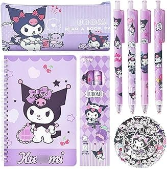 KoiswimCute Kuromi School Supplies Set - Gel Pens, Journal Notebook, 50 Stickers, Pencil Cse, Kawaii Stationery Set, Back to School Gift, Purple Kuromi