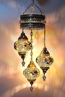 Asylove Turkish Ceiling Lamp, Mosaic Pendant Lamp Turkish Chandeliers 3 Globe Moroccan Ceiling Lighting Art Deco Brillant Fixture, 5 inc Globe - Total Dimensions 14x14x35 inch (Yellow)