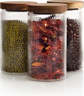 Mason & Fable Ribbed Glass Jars with Wooden Lid 27 fl oz- Set of 3 | Airtight Fluted Storage Container for Pasta, Coffee, Candy, Dog Treats, Snacks | Glass Organization Canisters for Home & Kitchen