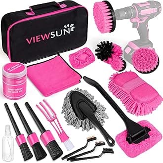 Viewsun 20PCS Car Cleaning Kit, Pink Car Interior Detailing Kit with Drill Brush Set, Windshield Cleaning Tool, Detailing Brushes, Wire Brushes, Cleaning Gel, Complete Cleaning Supplies for Women
