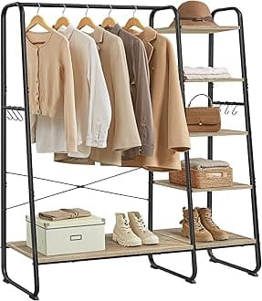 VASAGLE Clothes Rail, Clothes Rack with Shoe Shelf, 5-Tier Storage Rack, 6 Side Hooks, for Bedroom, Living Room, Turquoise Brown and Matte Black RGR116K01