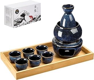 DUJUST 11 pcs Japanese Sake Set for 6, Kiln Altered Glaze Porcelain Sake Set, 6 Cups, 1 Bottle, 1 Warmer, 1 Candle Stove, 1 Tray & 1 Box, Warm Carafe, Special Japanese Gift Set-DarkBlue