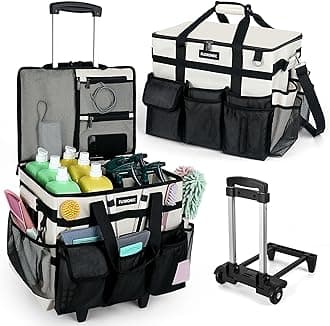 Large Rolling Cleaning Caddy Bag with Wheels, with Detachable Trolley, Cleaning Bags on Wheels for Housekeepers, Cleaning Cart Supplies Organizer for Home, Car, Picnic (Beige)