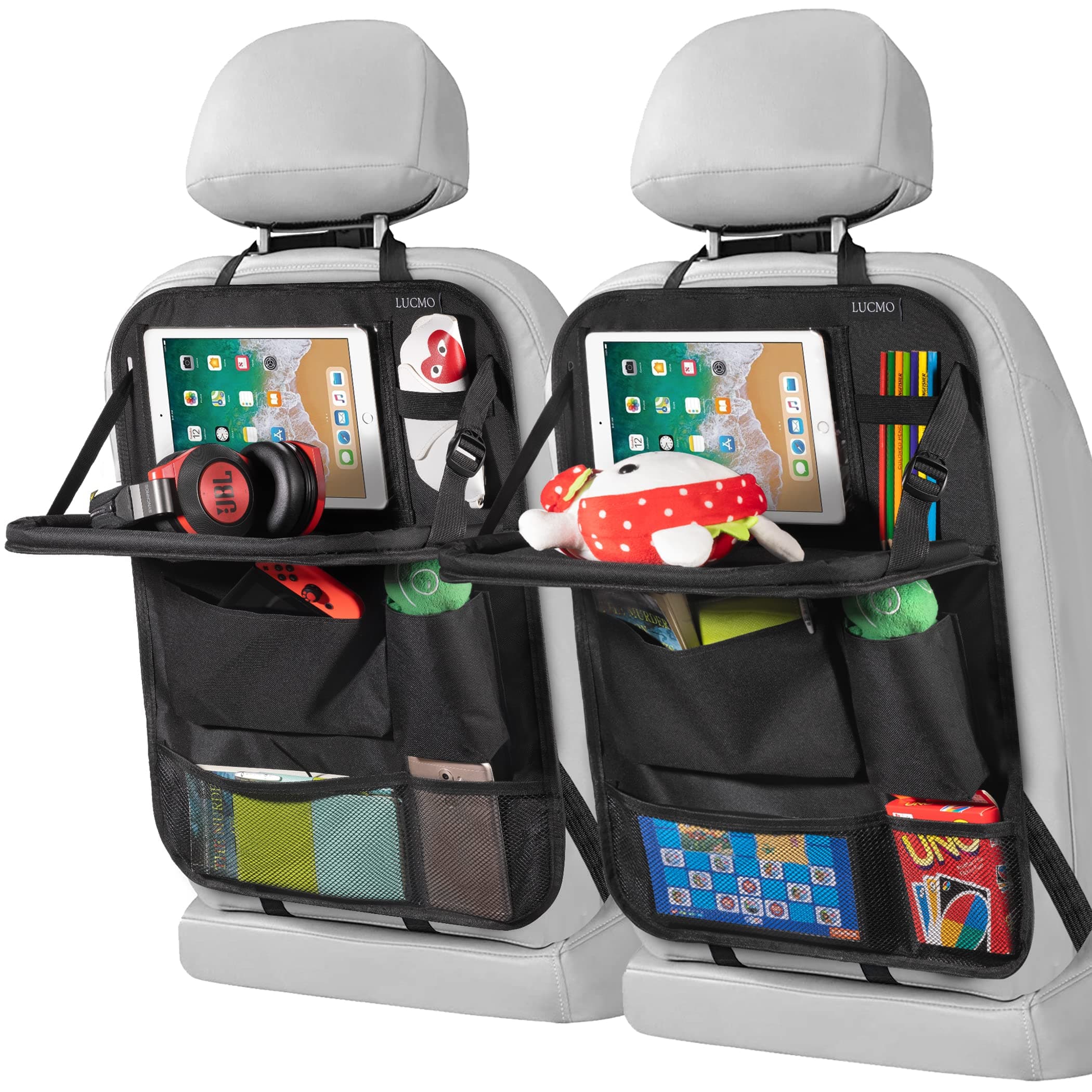 Car Backseat Organizer with Touch Screen Tablet Holder,9 Storage Pockets Storage Organizer,Protectors Kick Mats Travel Accessories (Black, 2 Pack with Food Tray)