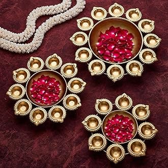 Jaipur Ace Elegant Urli Gold Metal Diya and Tealight Candle Holders with Floral Arrangement Bowl, Perfect for Diwali, Pooja, and Home Decor Floral Beautiful Urli (Pack of 3 Urli Set)
