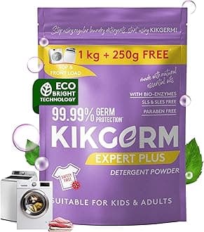 Kikgerm Plant Based Laundry Detergent Powder With Fabric Conditioner - Natural, Eco-friendly, Non-toxic, Biodegradable - Kids Safe, Skin Safe, Pet Safe - Tough Stain Remover - 1 Kg + 250 G (1.25 Kg)