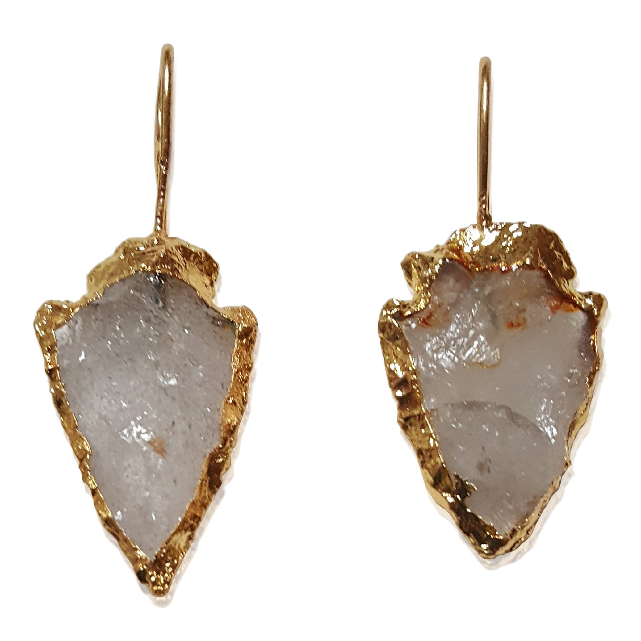 Arrowhead Earrings Bordered In An Electroplated Border with A White Agate Chipped Stone By Bodyjewelry4U