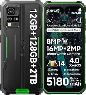 BV4800 Pro Android 14 Rugged Phone Unlocked, Octa-core 12GB+128GB/SD 2TB, IP69K Waterproof Rugged Smartphone, 6.56''HD+Display, 5180mAh Battery, NFC, 4G Dual SIM, 3 Card Slots,Glove Mode,GPS