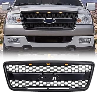 AMERICAN MODIFIED Raptor Style Mesh Grille with Amber LED Lights and Emblem Base Compatible with 2004 to 2008 Ford F150 Models, Matte Black
