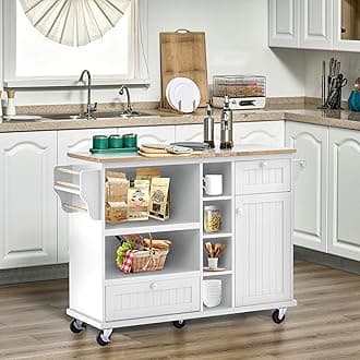 Kitchen Island Cart on Wheels with Storage Cabinet, Rolling Kitchen Island with Microwave Storage and Wood Top for Dining Room Living Room, White+Natural