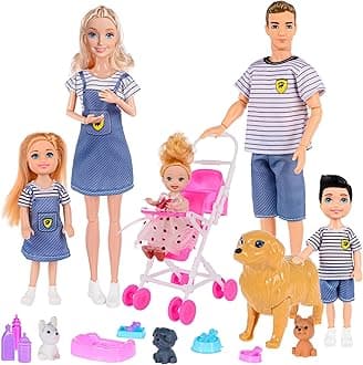 dollbie Dolls Family Playset with Baby Stroller Set- 6 People, Pets & Accessories for 3-12 Years Old | Toddler Gift with Pregnant Mom, Dad, 3 Kids, Dogs, and Interactive Play