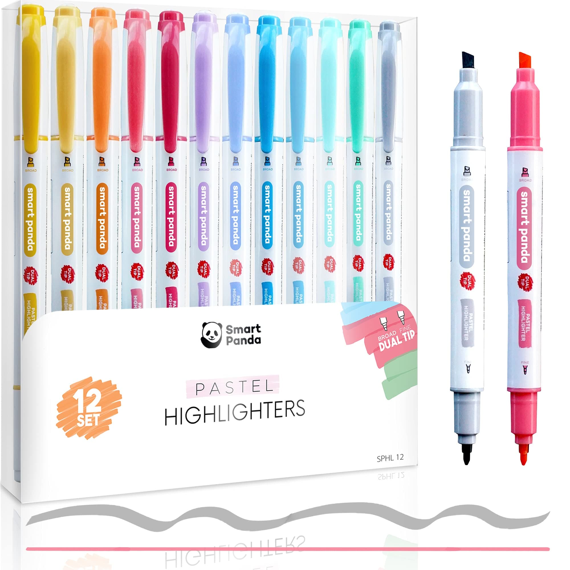 Smart Panda 12 Pack Highlighter Pens - Pastel Double Ended Tip - Bible Highlighters and Pens, No Bleed, 12 Set Pastel Highlighters