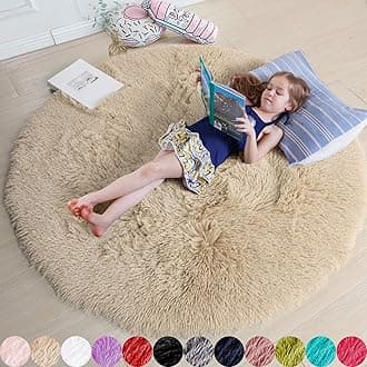 Beige Round Rug for Bedroom,Fluffy Circle Rug 4'X4' for Kids Room,Furry Carpet for Teen's Room,Shaggy Throw Rug for Nursery Room,Fuzzy Plush Rug for Dorm,Beige Carpet,Cute Room Decor for Baby