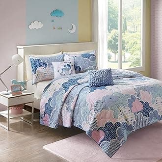 Kids Reversible Cotton Quilt Set - Vibrant Fun, Playful Print, All Season Children Bedding Coverlet Bedspread, Decorative Pillow, Bedroom Décor, Full/Queen, Cloud Blue 5 Piece