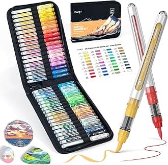 JusArt 36 Colors Acrylic Paint Markers with Canvas Bag, Water-Based No-Bleed Paint Pens with Automatic Ink Control, Waterproof Brush Tip Markers for DIY Art & Crafts -Eggs, Fabric, Rock, Glass, Metal