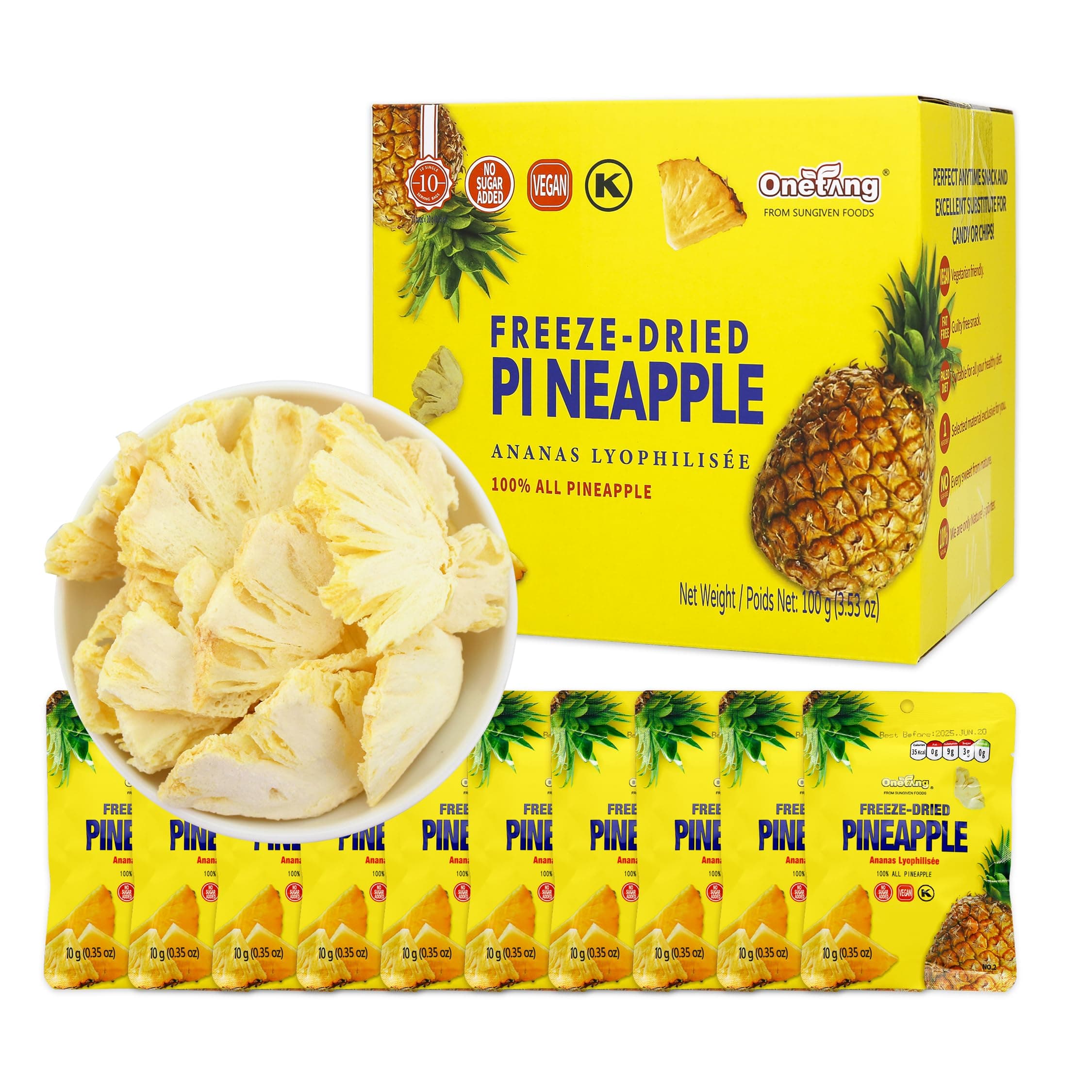 ONETANGFreeze-Dried Fruit Pineapple Chips, 10 Pack Single-Serve Pack, Non GMO, Kosher, No Add Sugar, Gluten free, Vegan, Holiday Gifts, Healthy Snack 0.35 Ounce