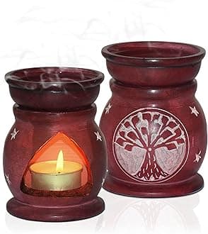 Pure Source India Handcrafted Soapstone Aroma Burner Oil Diffuser and 1 Tea Light Candle (Red)