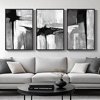 Large Framed Black and White Gray Abstract Wall Art for Living Room, 3 Piece Modern Canvas Prints Paintings Artwork for Walls, Grey Abstract Pictures for Hallway Office Wall Decor 24x36 In