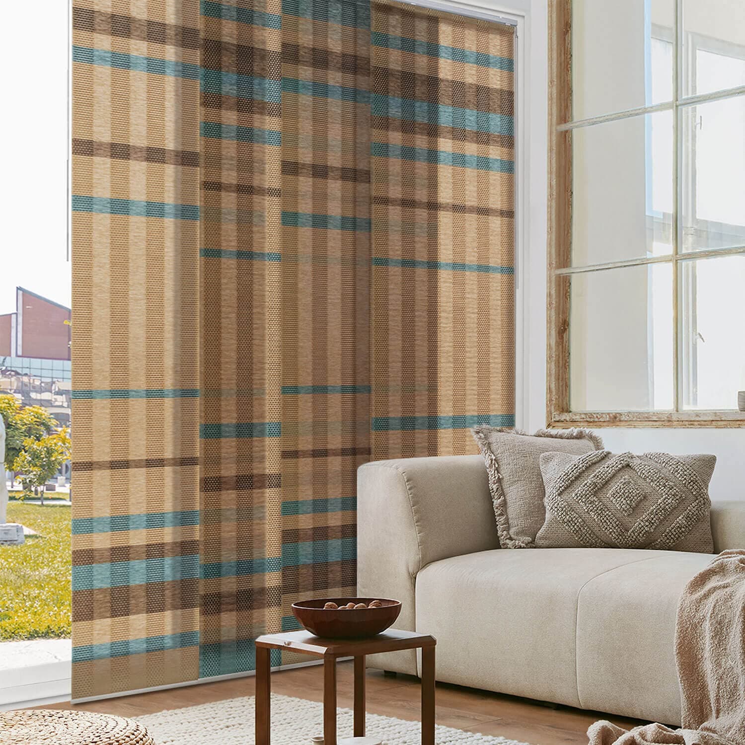 Adjustable Sliding Panel Track Vertical Blinds 45.8"- 86" W x 96" H, Extendable Window Blinds for Sliding Glass Doors, Hanging Room Dividers, Trimmable Fabric Panel, Semi-Privacy, Hinoki