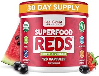Feel Great 365 Organic Super Reds Powder Superfood Capsules Polyphenols Supplement | Beet Root Capsules | Contains Milk Thistle, Green Tea & Much More | Probiotics and Digestives