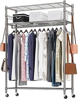Heavy Duty Clothes Rack, Adjustable Rolling Garment Rack with Shelves, Freestanding Wardrobe Rack 1 Clothes Hanging Bar, 3 tired Wire Shelving, 4 Hanger Hooks - Hold Up to 400Lbs (Gray, 1Rod 4Hook)
