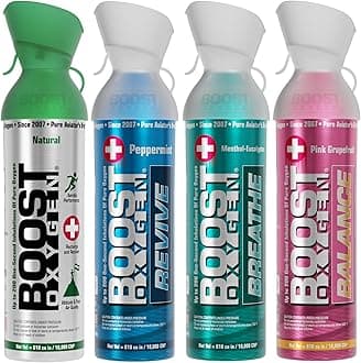 Boost Oxygen Canned Oxygen for Breathing for Home Use, Exercise, or Altitude Sickness, with Sealed Cap & Mask, 10L Canister, Multicolor, Pack of 4