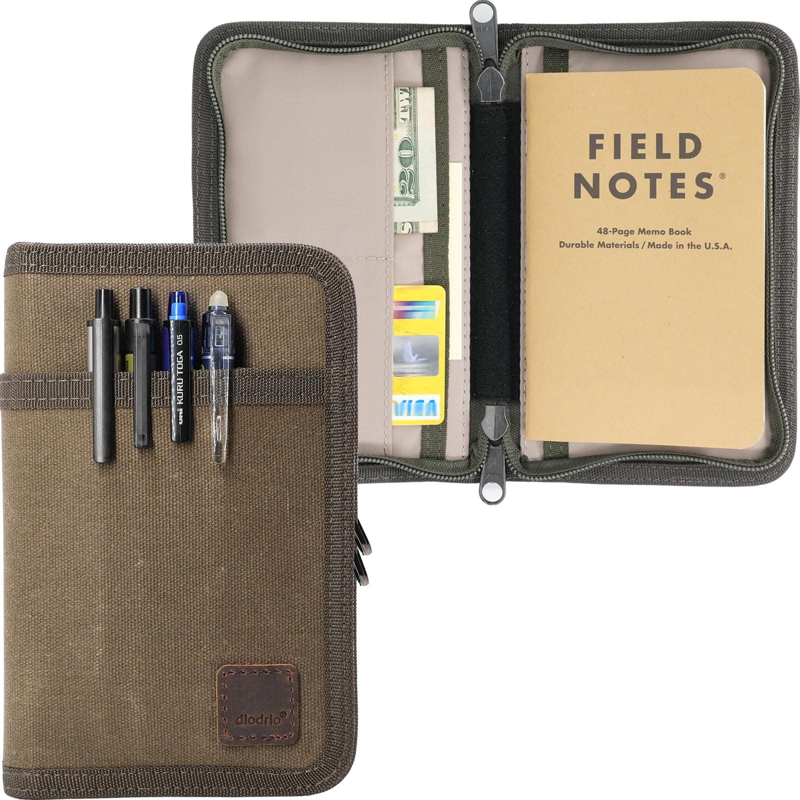3.5” x 5.5” Journal Cover for Field Notes Moleskine Cahier YKK Zipper, A Rugged Waxed Canvas Cover for Pocket Notebook Journal Sketchbook with Pen Holder, Water Resistant, Olive.