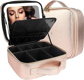 MOMIRA Travel Cosmetic Train Case with Lighted Mirror 3 Color Scenarios Cosmetic Bag Organizer with Adjustable Dividers Makeup Storage for Women, Makeup Accessories & Tools Case Champagne, Champagne&Single