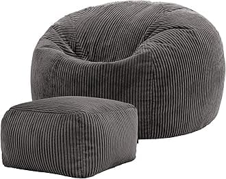 icon Kingston Cord Bean Bag with Footstool, Charcoal Grey, Large Adult Bean Bag Chair with Filling Included, Comfy Chair, Pouffe Footstool, Living Room Furniture, Bedroom Furniture