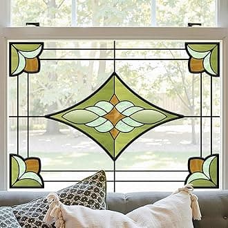Window Stickers, ‌Stained Glass Window Privacy Film, UV Blocking Static Cling for Home Kitchen Office Bathroom, Verdant Prism, 11.81" X 15.75"