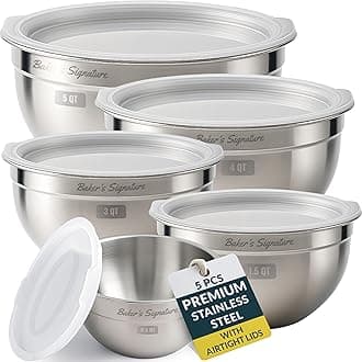 Baker's Signature Stainless Steel Mixing Bowls With Lid, Metal Mixing Bowl Set Of 5, Nesting Set For Food Prep, Baking,Storage, Cooking, Serving | Dishwasher Safe, 0.5/1.5/3/4/5 Qt