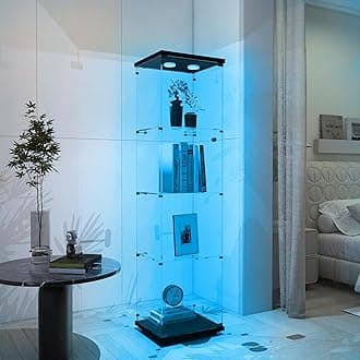 Frameless Glass Display Cabinet, Curio Cabinet Display Case with LED Lights and Lock, Quick-Install Floor Standing Showcase Display Shelf for Collectibles, Legos, Figures, Plants