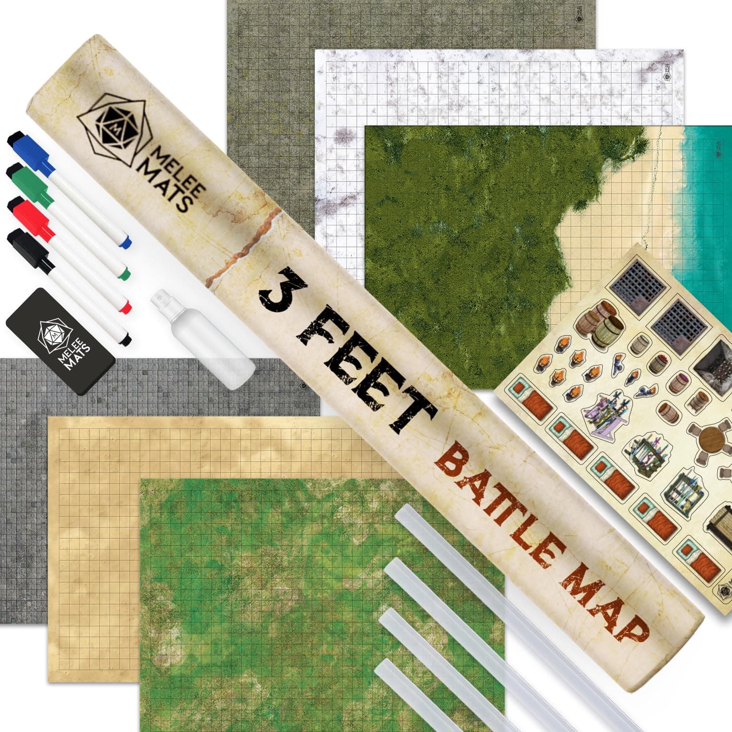 DND Map Starter Kit for Dungeons & Dragons Game - 24” x 36" 3 Pack Double Sided, Wet/Dry Erase Battle Terrain Grid - Ultimate Tabletop Board Gaming Experience with Accessories