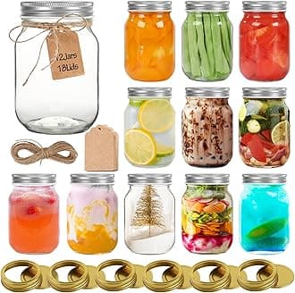 Mason Jars 16 oz 12Pack with 6 Extra Lids, Glass Pint Canning Jars 16 oz - 16oz Mason Jars with Silver & Gold Lids for Canning/Preserving/Meal Prep