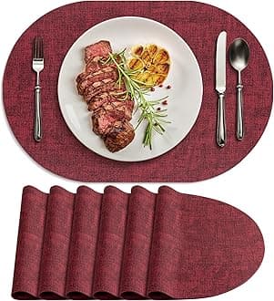 Placemats for Dining Table Set of 6 Non-Slip, Heat Resistant Oval Leather Placemat Double Layer, Waterproof Table Mats Easy to Clean for Kitchen Dining Room Coffee Office Table, Wine Red