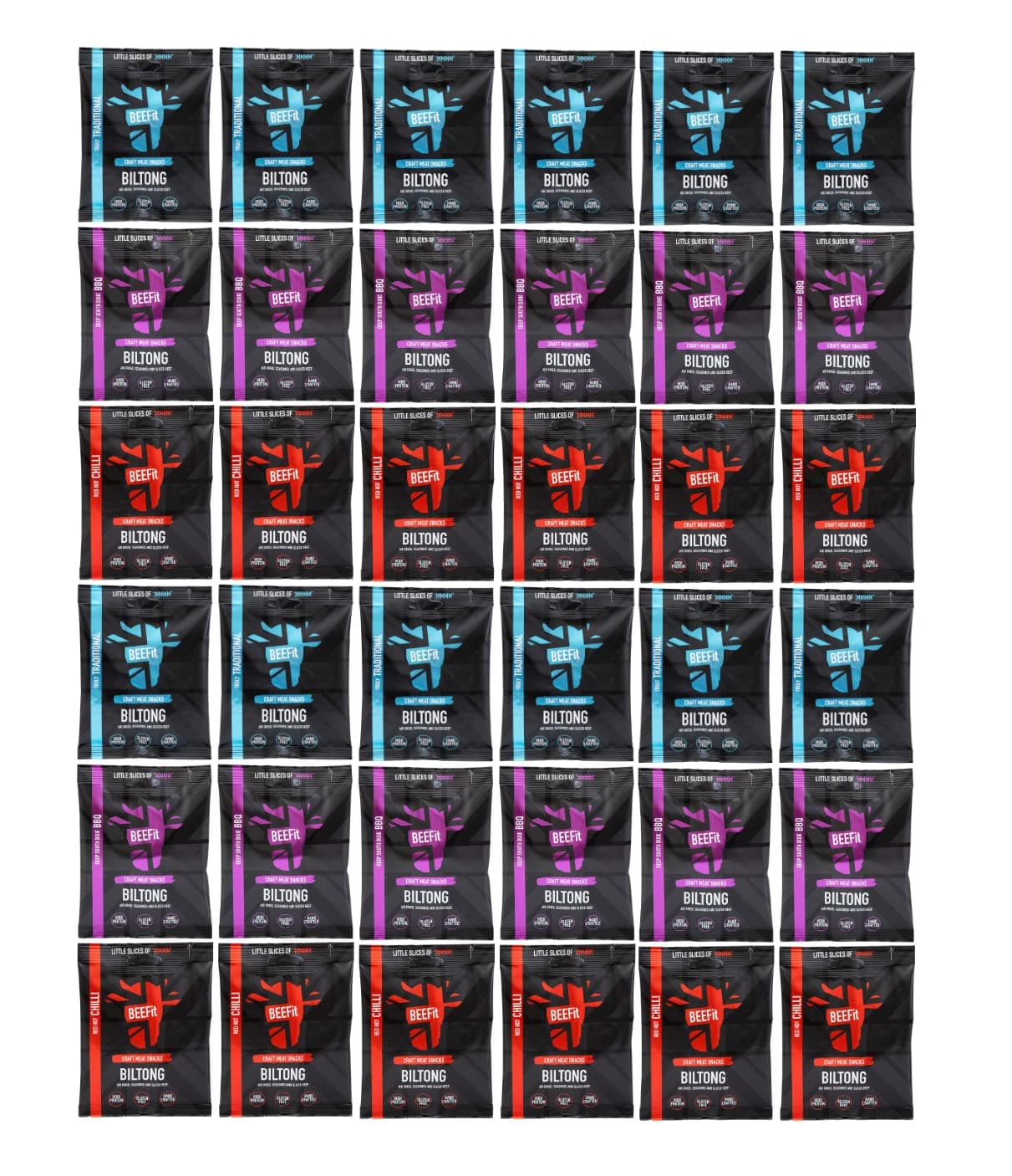 BEEFit Biltong Beef Jerky, High Protein Snacks, Ultimate Low Carb, Low Calorie Snacks, 100% Beef, Gluten Free Biltong, Healthy Snacks - Flavour Fest Multipack: Traditional, Chilli & BBQ, 36x 30g Bags