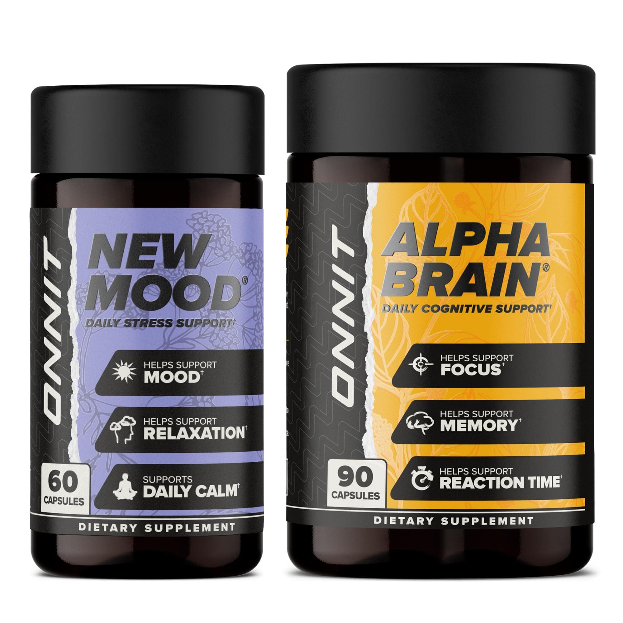 ONNIT Cognitive & Mood Support Bundle: Alpha Brain Nootropic Capsules (90 Count) + New Mood Stress Support Capsules (60 Count), IGEN Non-GMO Tested Focus, Clarity, Relaxation & Sleep, Pack of 2