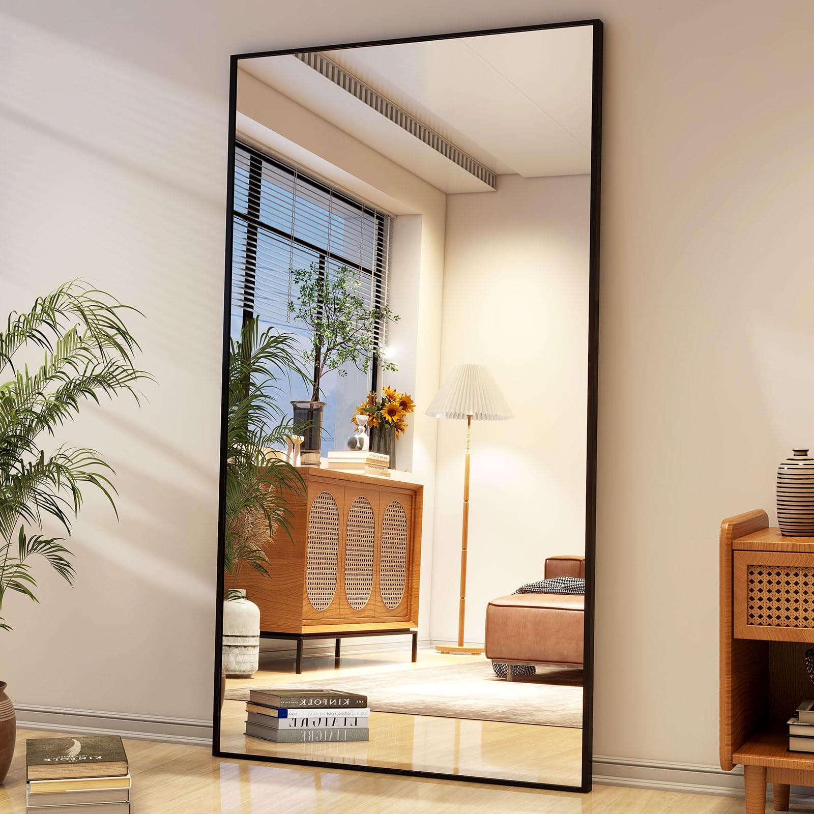 Easly 34"x76" Full Length Mirror with Stand, Large Rectangular Floor Mirror for Bedroom, Living Room or Closet, Wall-Mounted or Freestanding, Black Aluminum Alloy Frame