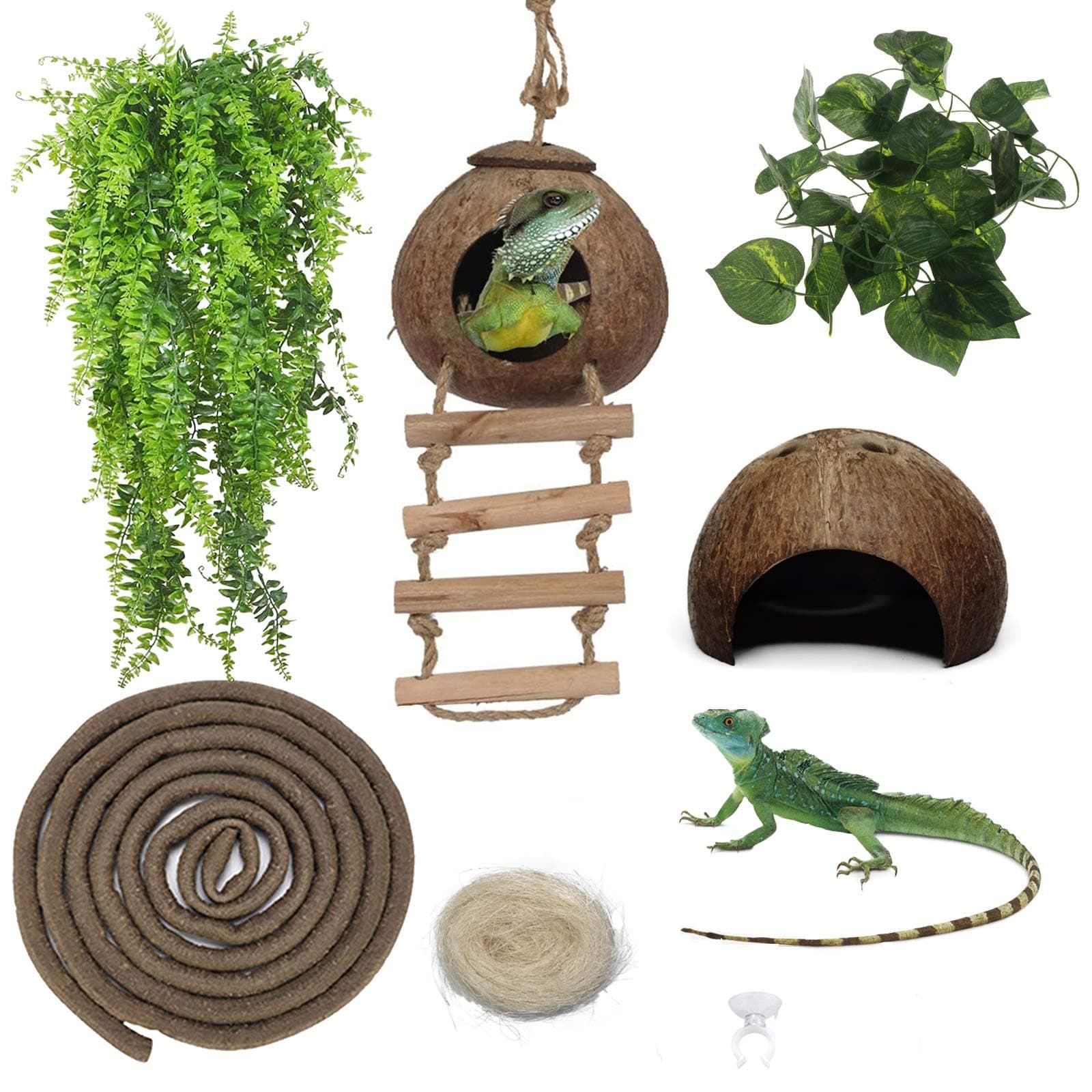 kathson 6PCS Lizard Habitat Decor,Leopard Gecko Hideout Coconut Shell Hole Hut,Bearded Dragon Bendable Climbing Vines,Reptile Hanging Plants Tank Accessories for Chameleon,Snake,Iguana,Turtle