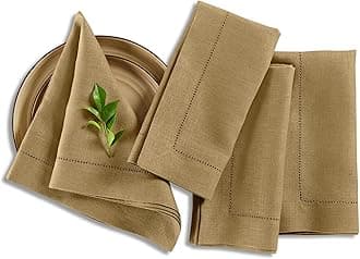 Solino Home Linen Napkins Set of 4 - Medium Weight 100% Pure Linen Hemstitch Kelp Dinner Napkins Cloth 20 x 20 Inch - Handcrafted and Machine Washable