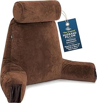 Husband Pillow Medium Reading Pillow with Arms - 23" Backrest for Sitting Up in Bed - Firm Support Bed Rest Pillow for Adults, Neck Roll, Removable Cover - TV, Reading, Lounging - Chocolate
