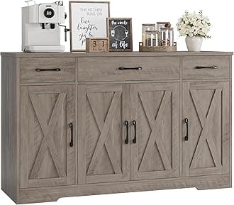 Buffet Sideboard Cabinet with Drawers, 55" Large Buffet Storage Cabinet with Shelves and Doors, Modern Farmhouse Coffee Bar Station for Kitchen, Dining Room, Ash Grey