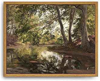 RoslynityFramed Canvas Wall Art Vintage Print Oil Paintings Rustic Landscape Country Pond Near Bernried Retro Aesthetic Artwork for Home Living Room Bedroom Bathroom Wall Decor (8"x10")